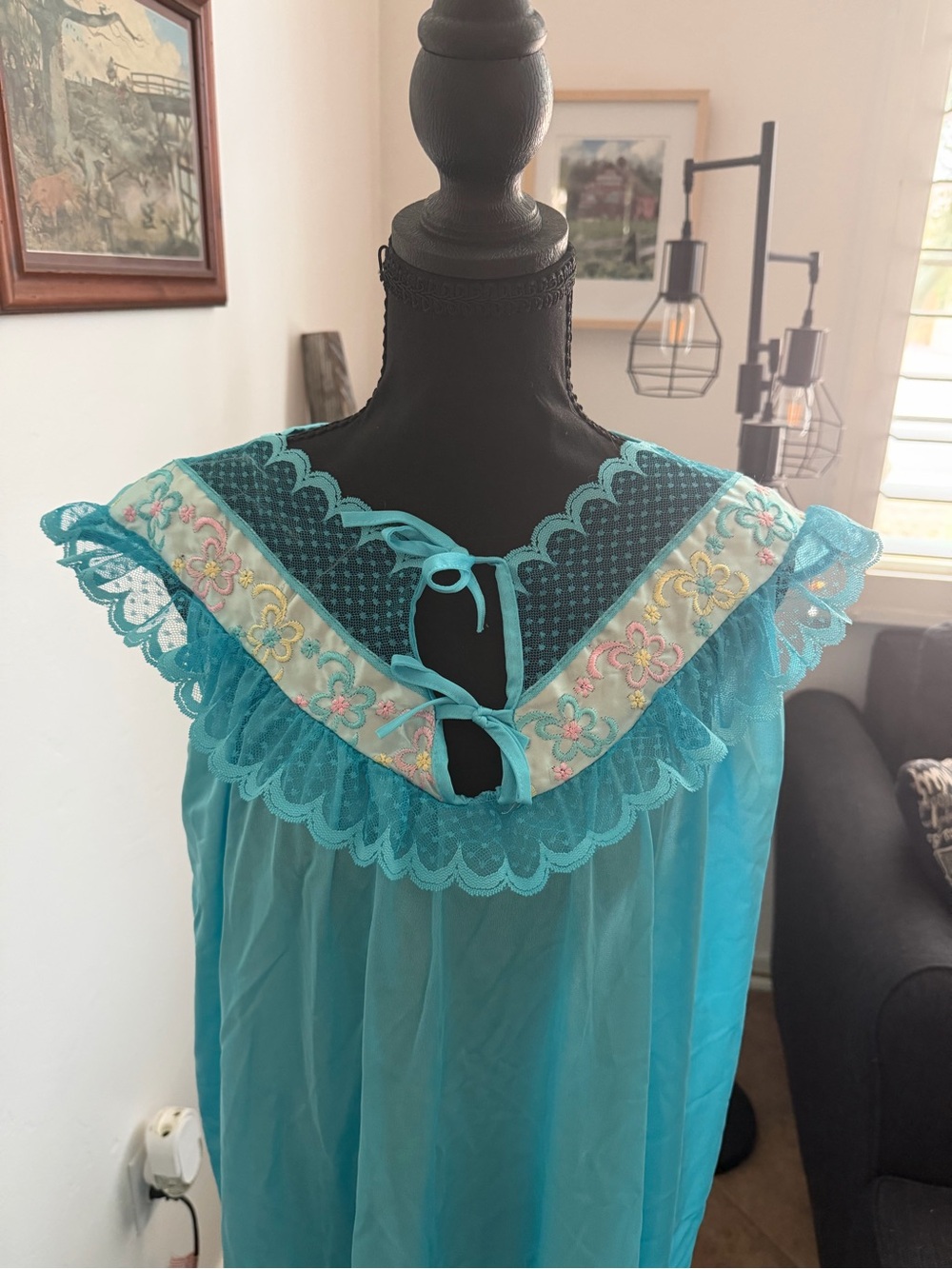 Turquoise Floral Lace-Trim Nightgown - Women’s Intimates